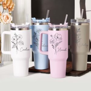 Custom Tumbler with Birthflower, Engraved Tumblers with Name, Personalized Tumbler With Straw, Insulated Travel Mug, Birthday Gifts for Mom